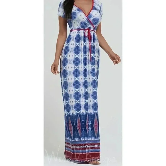 2/$18•Votique Multicolor Short Sleeve Maxi Dress - Picture 2 of 3